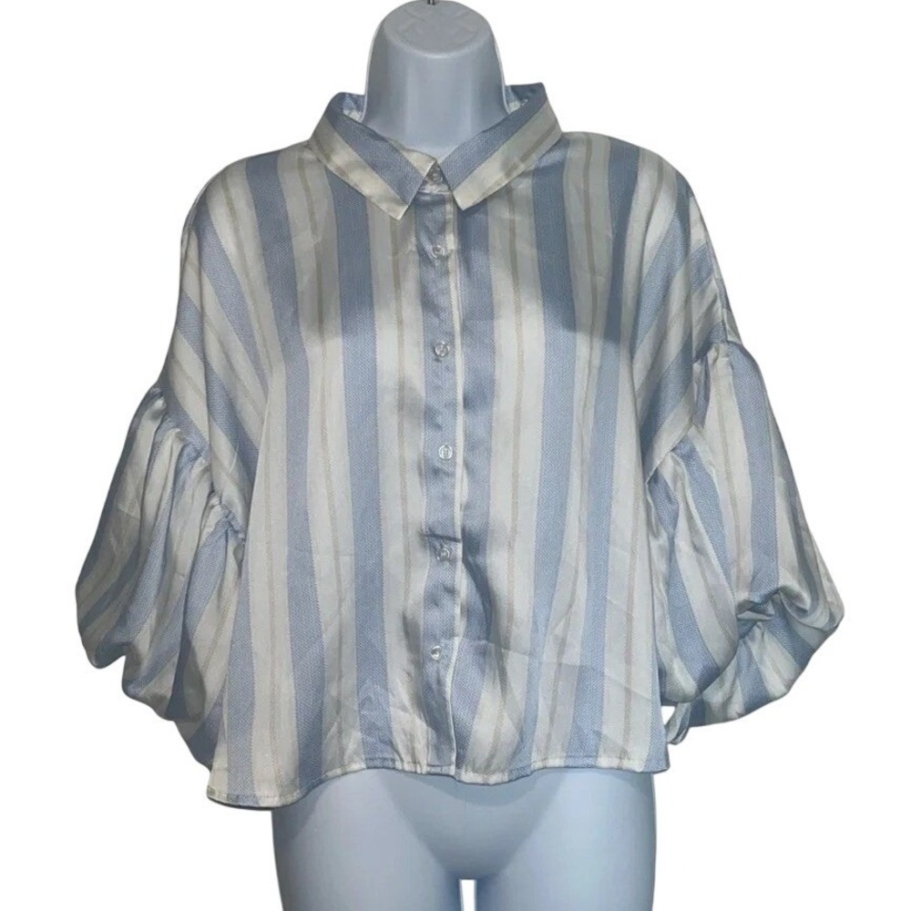 Milk & Honey Blue White Striped Puff Sleeve Button Up Blouse Top XL 41877T-3 - Picture 1 of 9